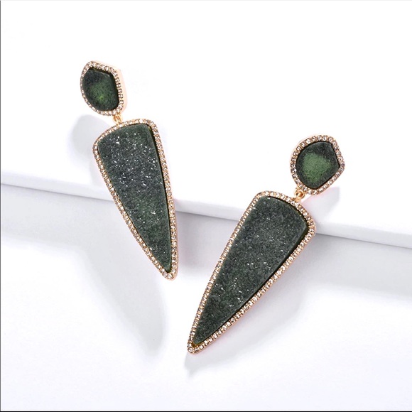 Druzy Quartz Geometric Earrings in Green - Picture 4 of 4